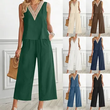 Women 2 Piece Solid Color Loose Fit Jumpsuits Outfits Sleeveless Linen Button Back Crop Top and Wide Leg Pant Set with Pockets 1