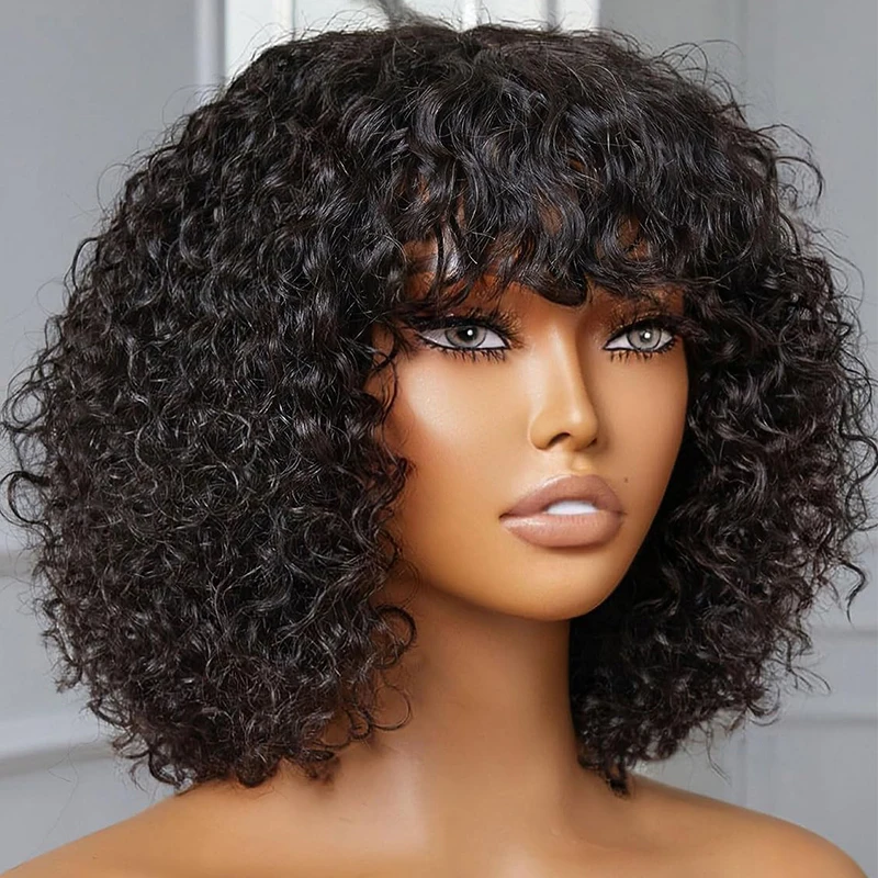 Afro Kinky Curly Wig With Bangs Full Machine Made Scalp 180 Density Remy Brazilian Short Kinky Curly Human Hair Wigs For Women
