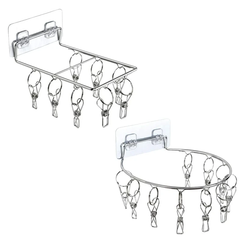 

2Pcs Wall-Mounted Stainless Steel Clothespin Drying Rack With 8/10 Clip For Hats, Socks, Underwear, Gloves