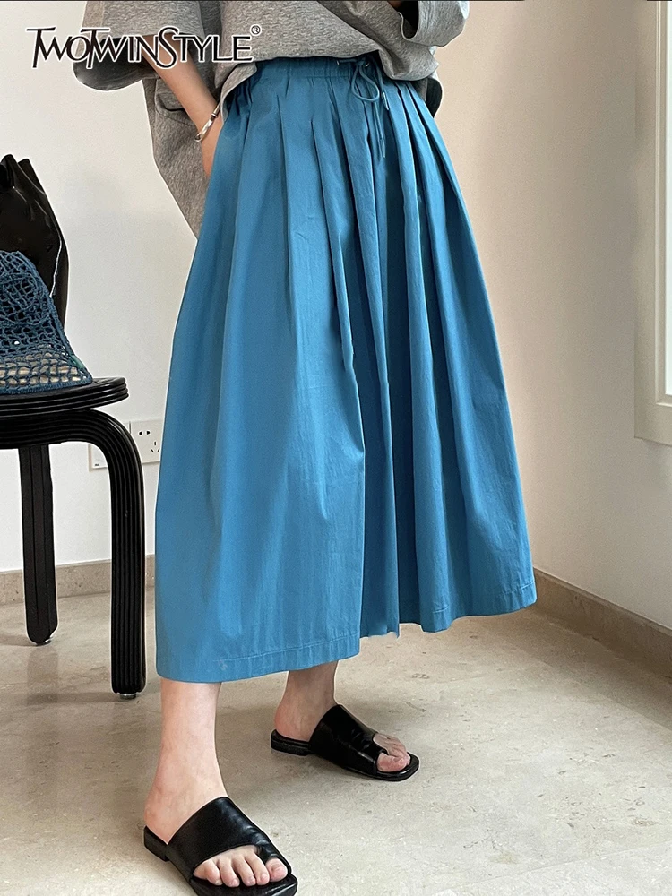 

TWOTWINSTYLE Korean Style Solid A Line Midi Skirt For Women High Waist Patchwork Pleated Long Skirts Female Spring 2022 Clothing