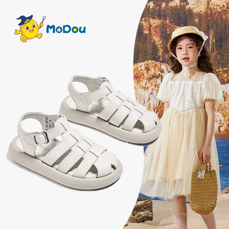 

Mo Dou Girl's Leather Sandals Soft Non-slip Concise Retro Woven Upper Toe-wrapped Hook and Loop Cozy Wearable Solid French Style