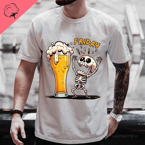 Мужская хлопковая футболка с коротким рукавом, топ с принтом скелета «наслаждаясь пятницей», черная рубашка, одежда для любителей пива