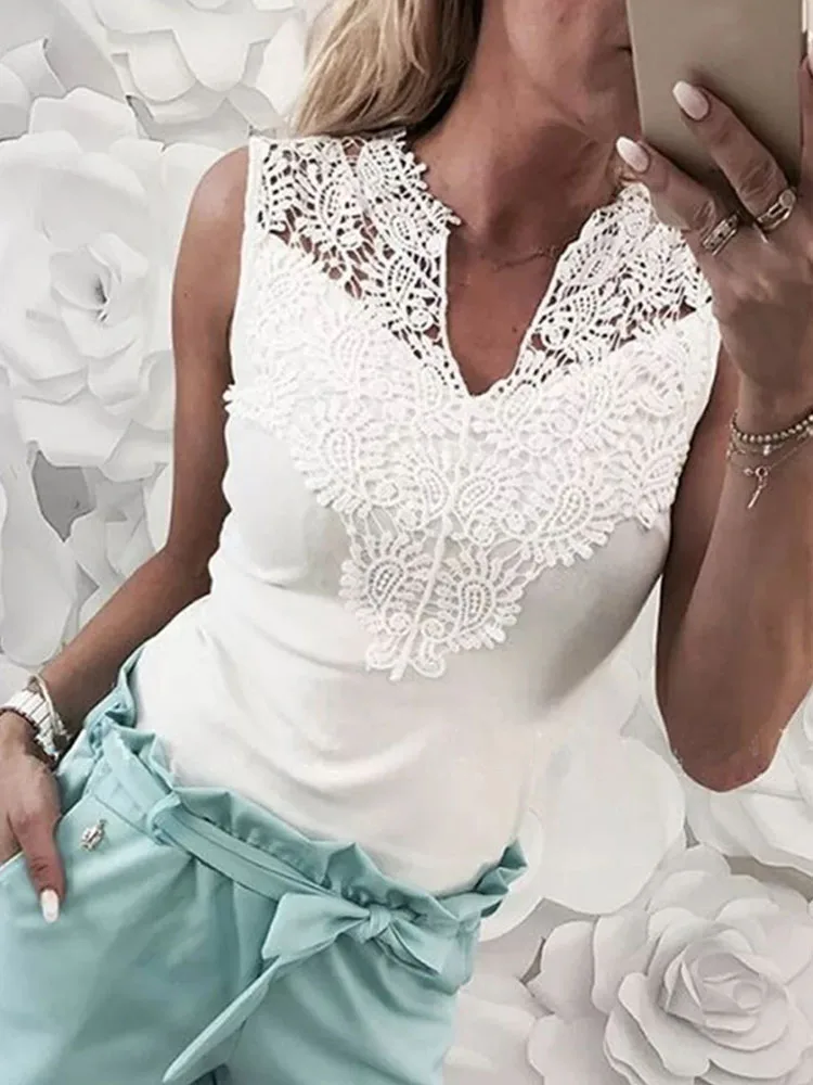 

New Sexy Deep V Neck Women Summer Pullover Tops 2022 Elegant Solid Color Tee Shirt Commute Lace Patchwork Sleevelss Blouse Blusa