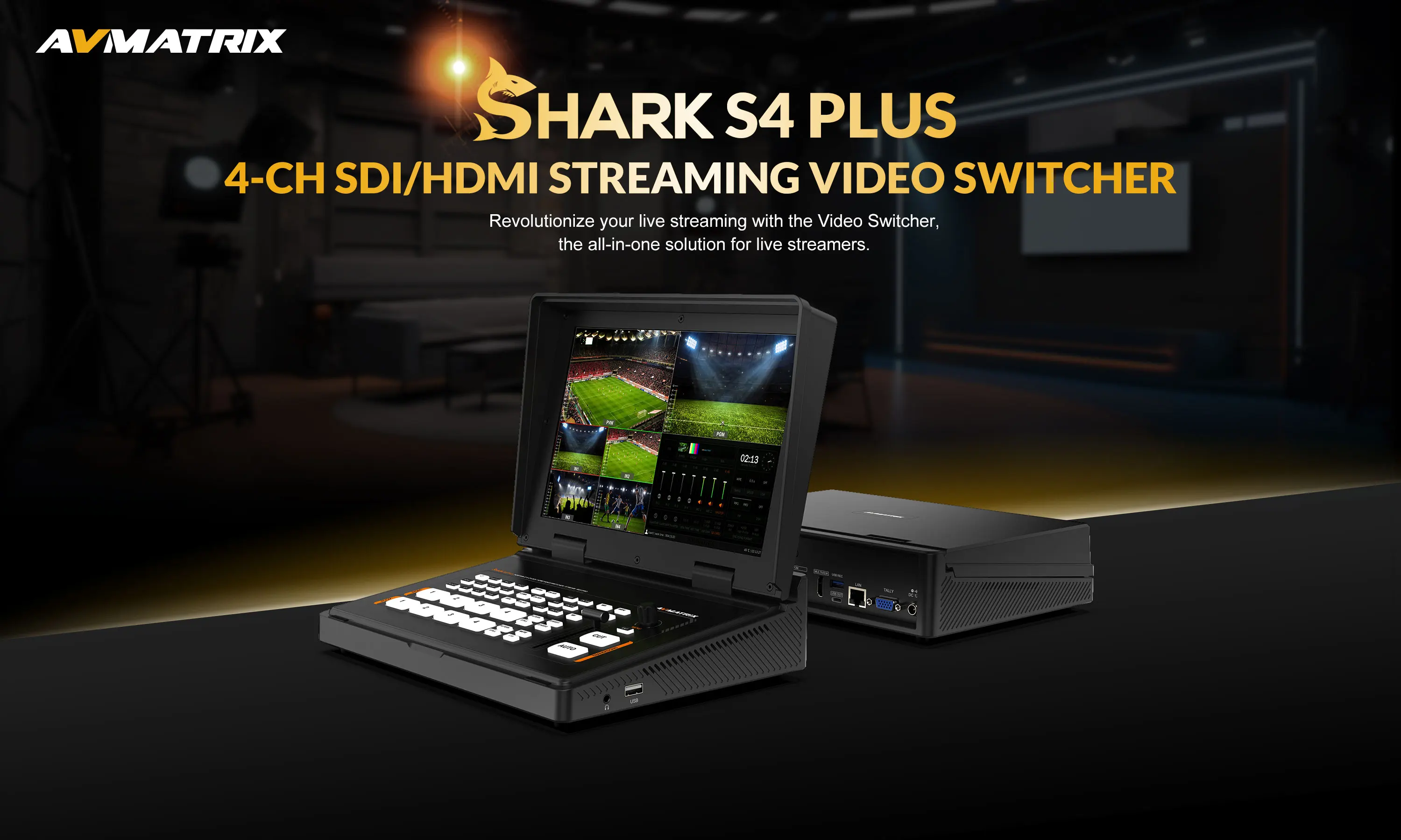 Фото Отличный видеомикшер AVMATRIX Shark S4 Plus с 4-канальным SDI/HDMI, 10,1-дюймовым LCD-экраном, поддержкой RTMP/SRT, для прямой трансляции и записи, портативный. №3