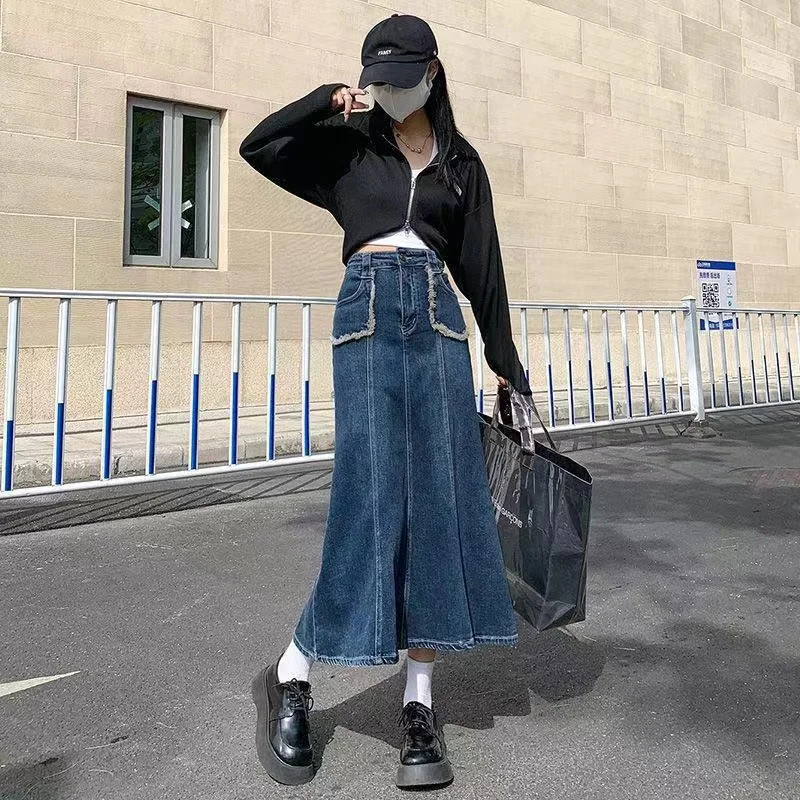 Женская джинсовая юбка-макси с высокой талией разрезом и карманами - купить по