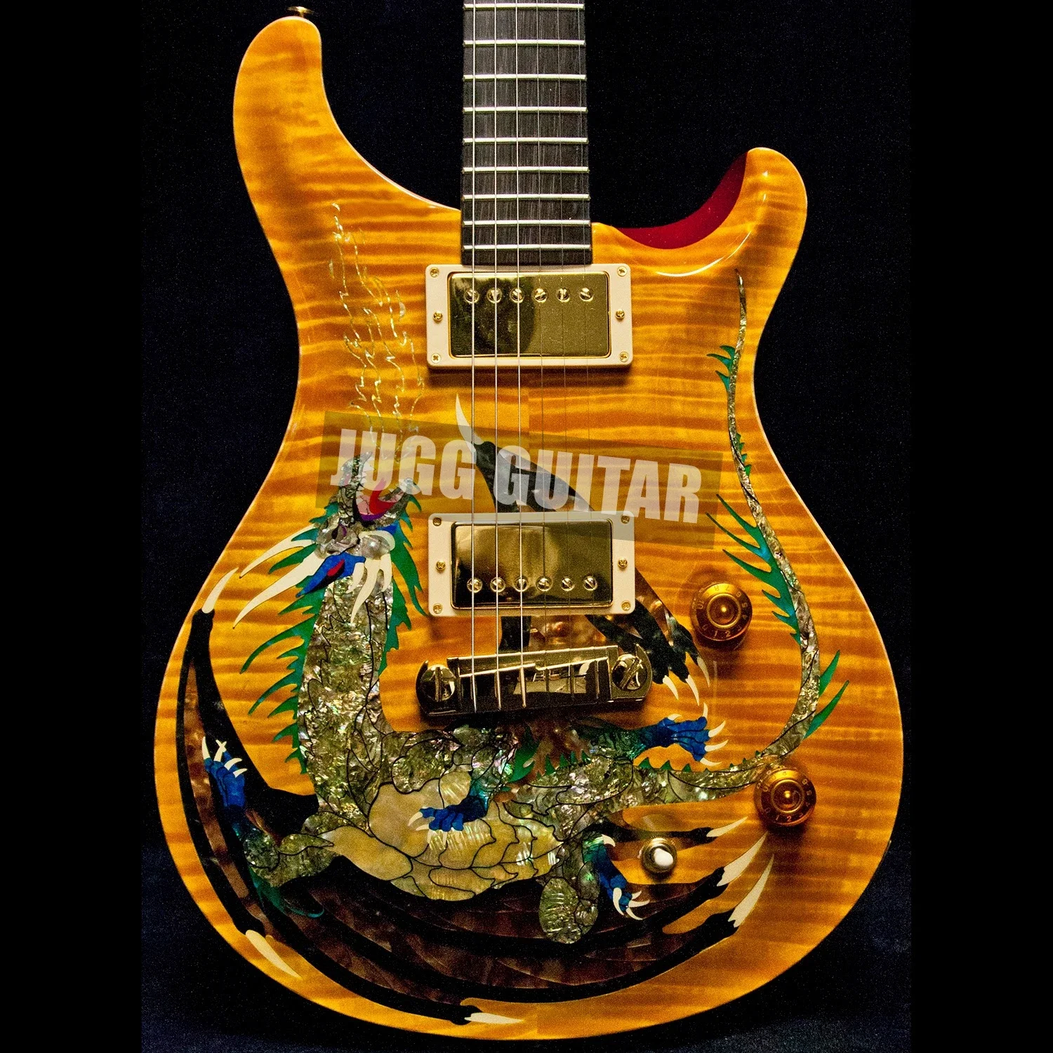 

Reed Smith Dragon Yellow Flame Maple Top Electric Guitar Birds Inlay, Wrap Arround Tailpiece, Wood Body Binding, Eagle Headstock