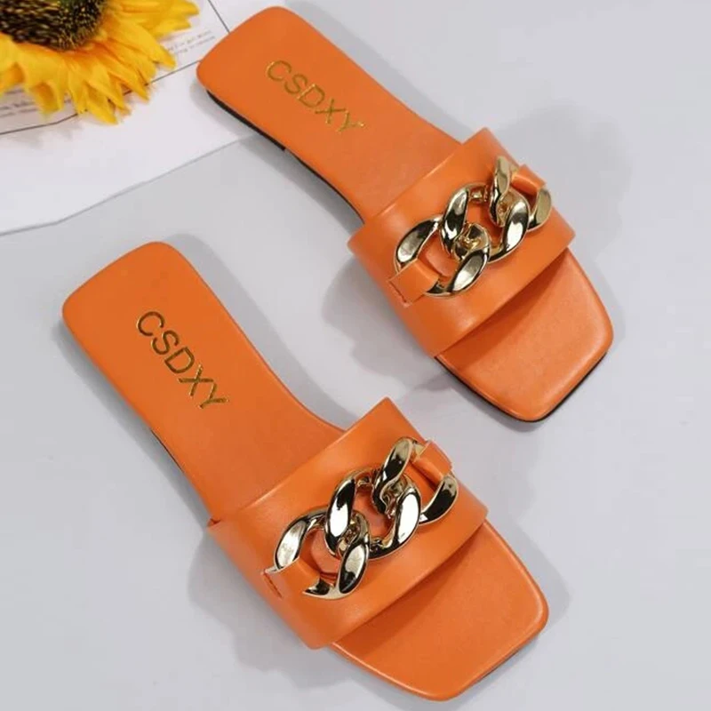 2023 New Women Summer Slipper Square Toe Chain Flat Slide Sandals Beach Cute Temperament Flip Flops Ladies Big Size Woman Shoes