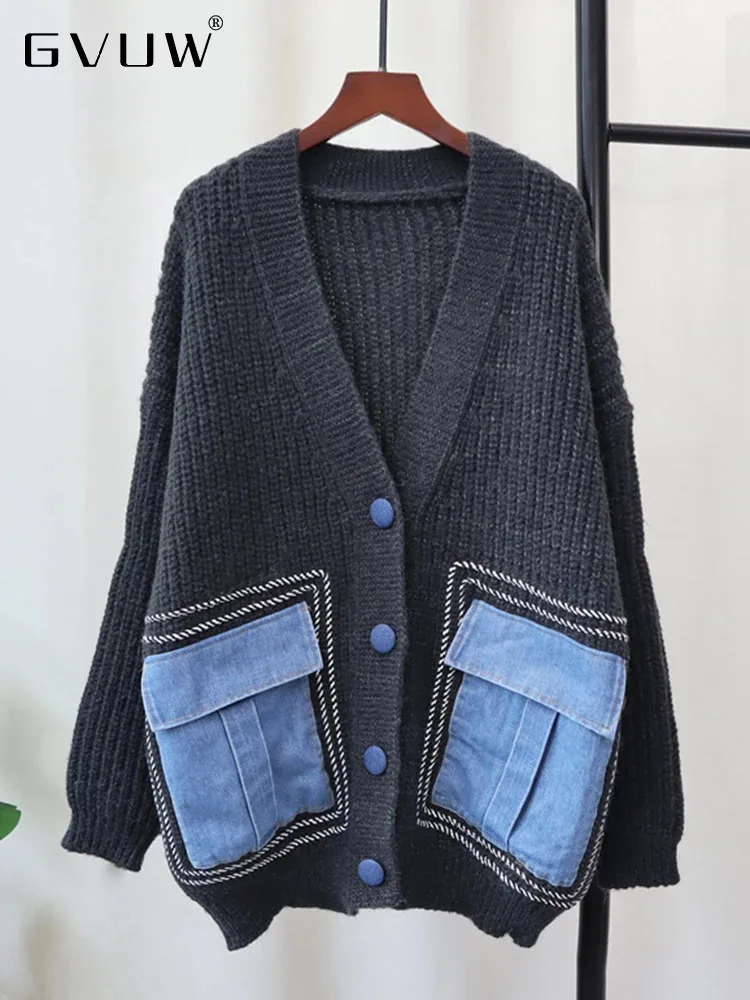 GVUW вязаный джинсовый свитер женский с v-образным вырезом нишевый дизайн