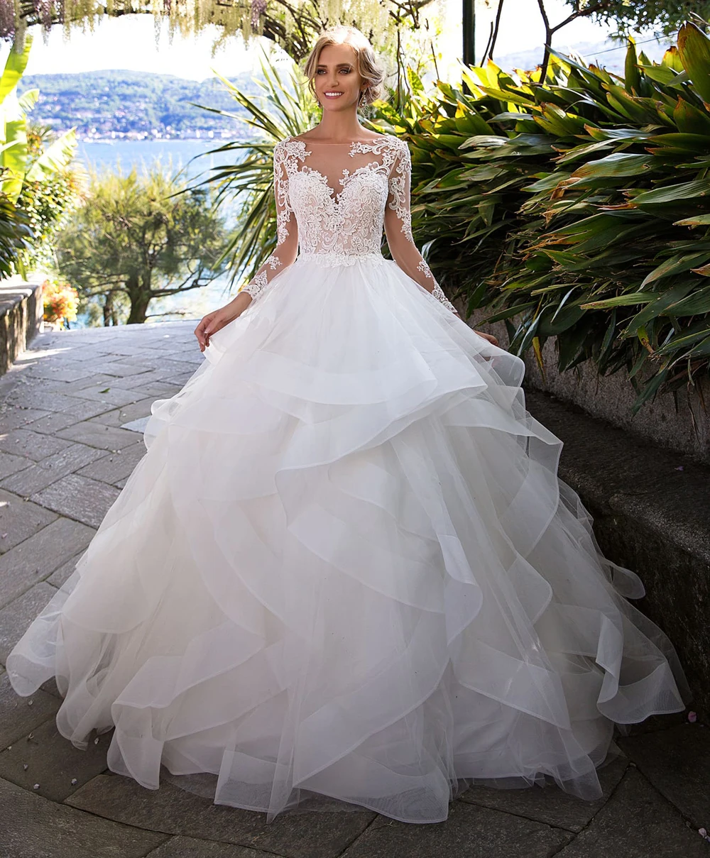 

Gorgeous Scoop Long Sleeves Wedding Gowns Sexy Backless Ball Gown Lace Bridal Dress with Ruffles