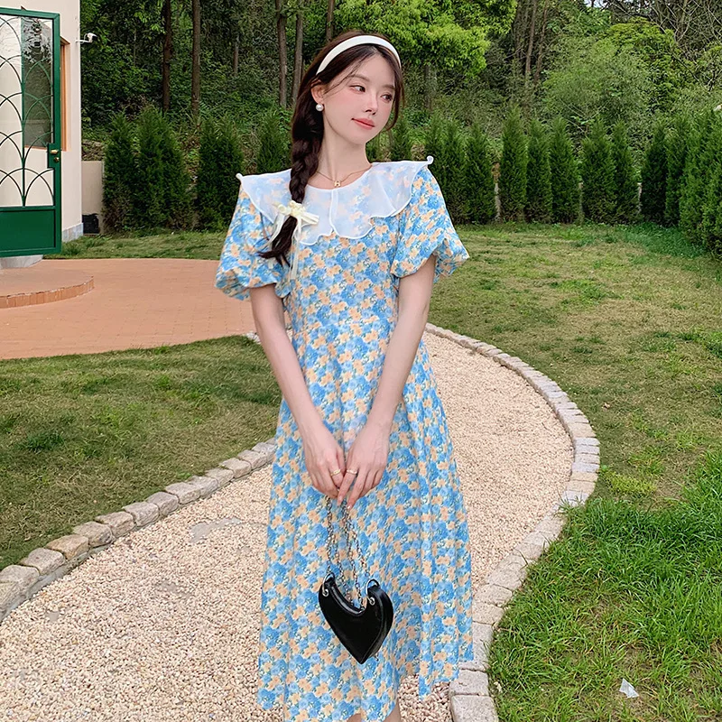 

2022 Summer Women's French Retro Floral Dress Puff Sleeves Mesh Lotus Leaf Collar Slim Mid Length Fashion Elegant Ladies Clothes