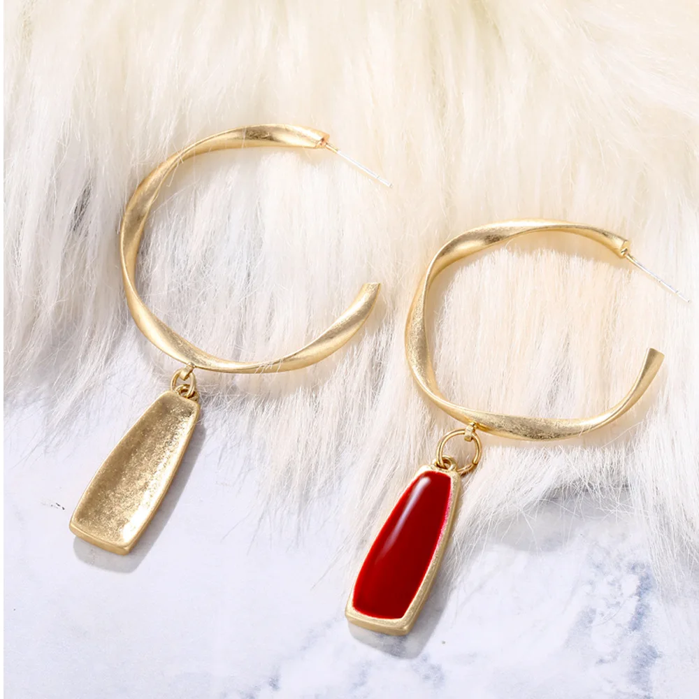 

New Ins Sweet Burgundy Enamel Irregular Hoop Earrings for Women Girl Gold Color Hanging Dangle Earrings Jewelry