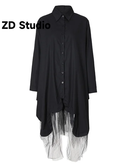 

[ZD Studio] Women Black Mesh Hem Irregular Size Shirt Dress New Lapel Long Sleeve Loose Fit Spring Autumn 2023