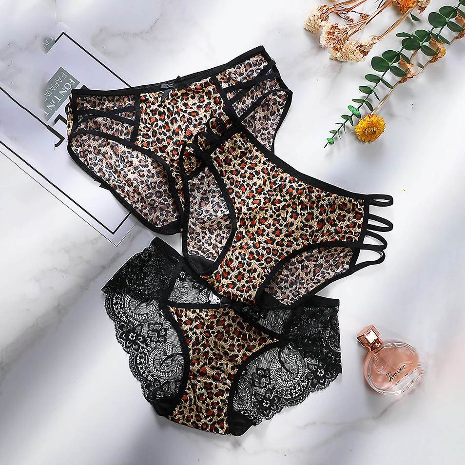 

3Pcs Sexy Panties Women Leopard Print Lace Hollow Out Breathable Thong Low Waist T Back Briefs Erotic Underpants Lingerie Female