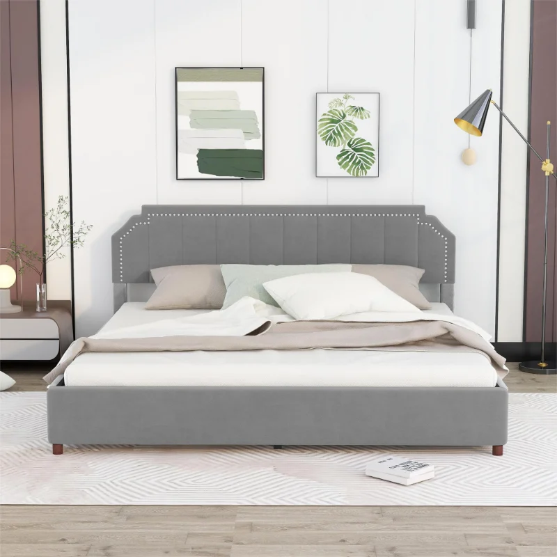 

Grey King Size Upholstery Deck Bed Contains Four Storage Drawers and Support Legs Modern Style Sturdy Durable Easy To Assemble
