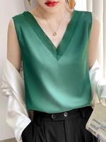 honghanyuan 2022 womens blouse summer silk v neck satin office black white women sleeveles tunic elegant shirts sling vest tops