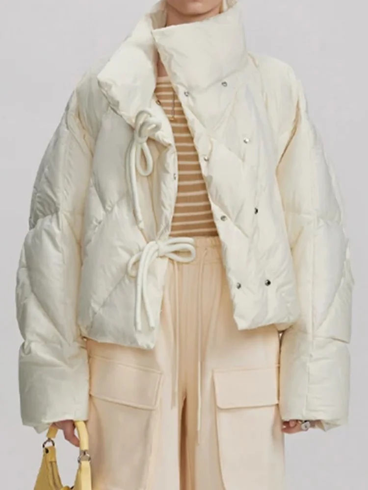

Down Cotton Coat Women Autumn Winter Puffer Jacket Female Elegant Fashion Bow Short Outerwear Lady Casual Loose Solid Color Coat