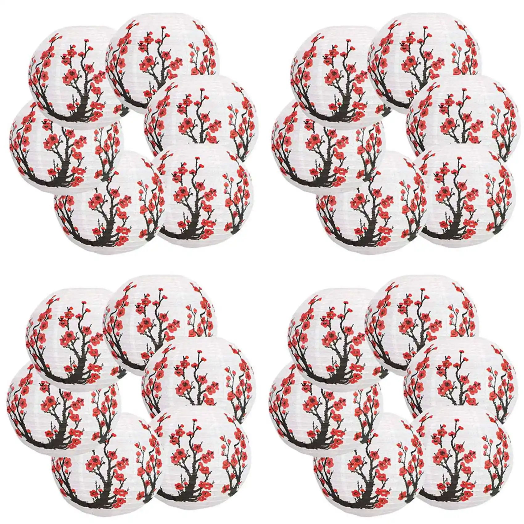 

JFBL Hot 24 Pack 12Inch Red Cherry Flowers Paper Lantern White Round Chinese Japanese Paper Lamp