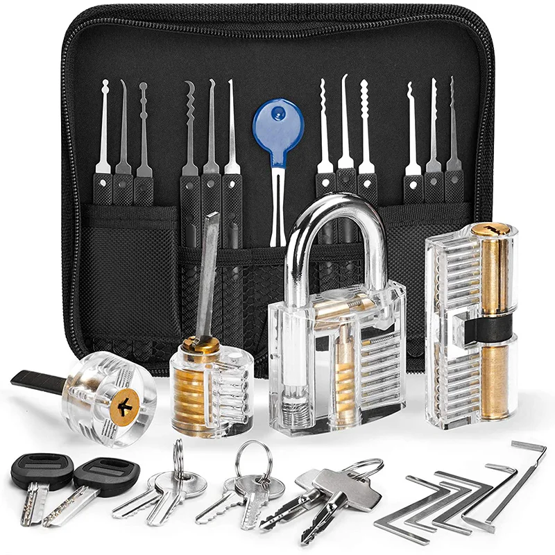 30 Piece with 3 Clear Practice and Training Locks Multitool Set - Stainless Steel, Set for Beginners Lock Tool Kit