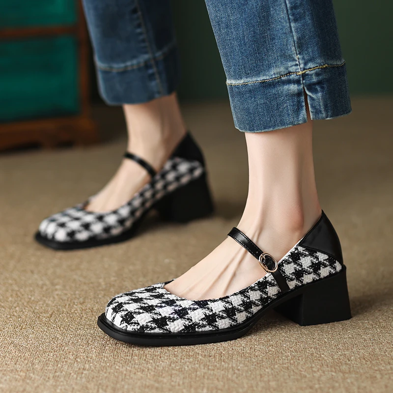 

Heihaian Vintage Style Elegant Mary Jane Shoes 2023 Spring New Square Head Thousand Bird Lattice Women Single Shoes 33-43