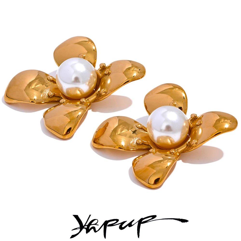 

Yhpup Elegant Imitation Pearls Stainless Steel Flower Big Stud Earrings Women Golden Rust Proof Trendy Jewelry Party Gift 2023