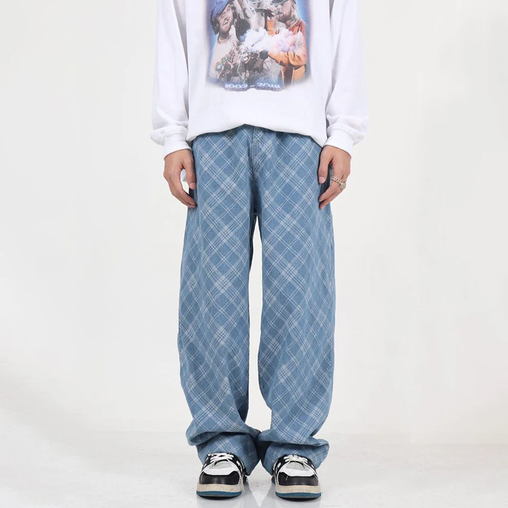 Men Jeans Plaid Baggy Jeans Fashion Loose Straight Wide Leg Pants Streetwear Harajuku Trousers Oversize Hip Hop High Street