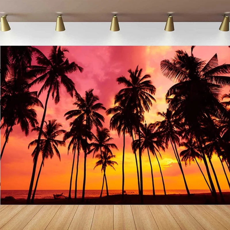 

Summer Seaside Sunset Photography Backdrop Palm Trees Silhouettes On Tropical Beach Photo Background Happy Birthday Party Poster