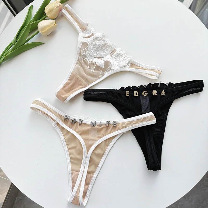 Стринги женские кружевные с вышивкой бикини надписью и цветочной индивидуальные