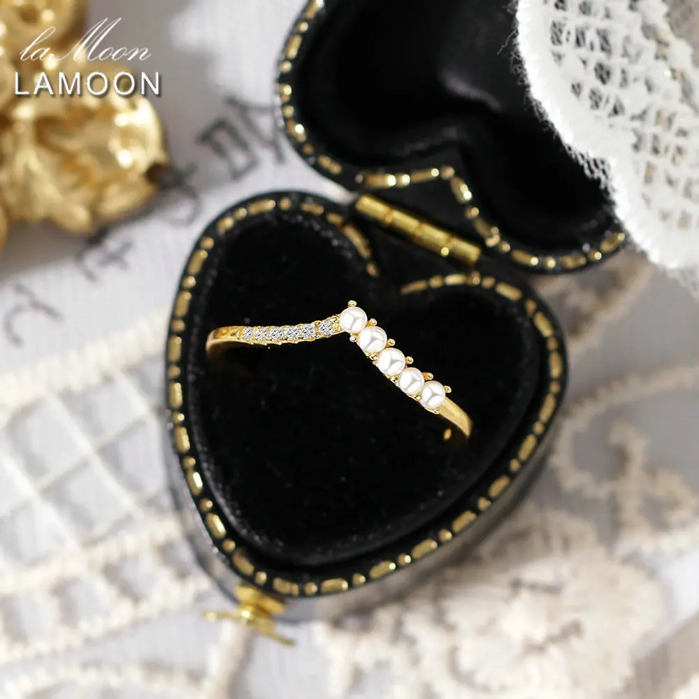 

LAMOON Vingtage Weding Rings For Women 925 Stering Silver Pearl Cubic Zirconia Crowm Engagement K Gold Plated Korea Ring RI152