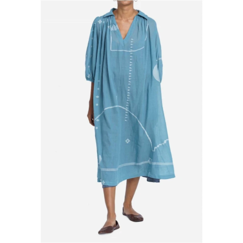 

Женское свободное платье из хлопка и льна, однотонное Повседневное платье с V-образным вырезом и рукавом 3/4 в стиле ретро, сарафан свободного покроя