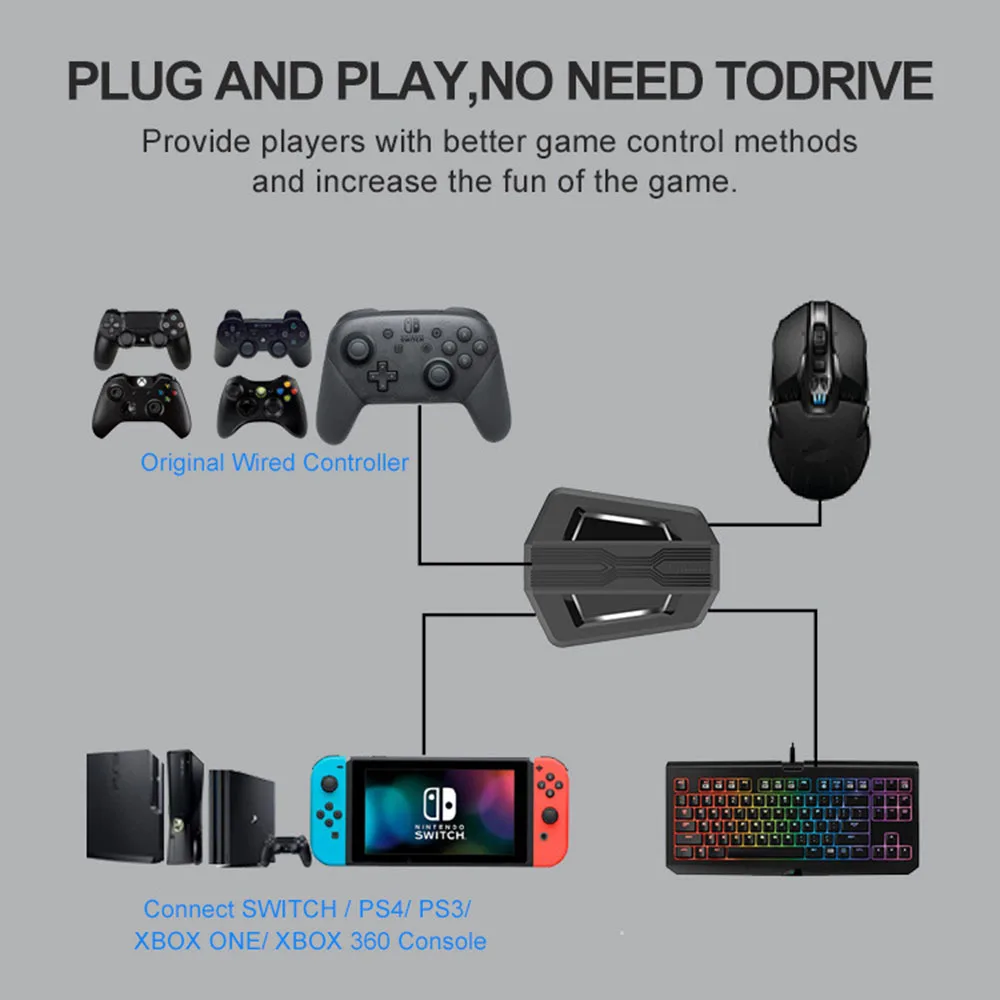 One-Handed Wired Gaming RGB Backlit Keyboard and Mouse 7200 DPI Combo with Game Converter Adapter Set for PC PS4 Xbox Gamer images - 6