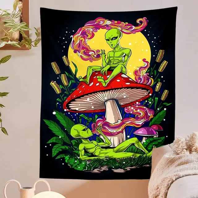 

Alien Tapestry Mandala macrame hippie Art Mushroom eye Wall Hanging black Tapestries for Living Room Home Dorm Decor Cloth
