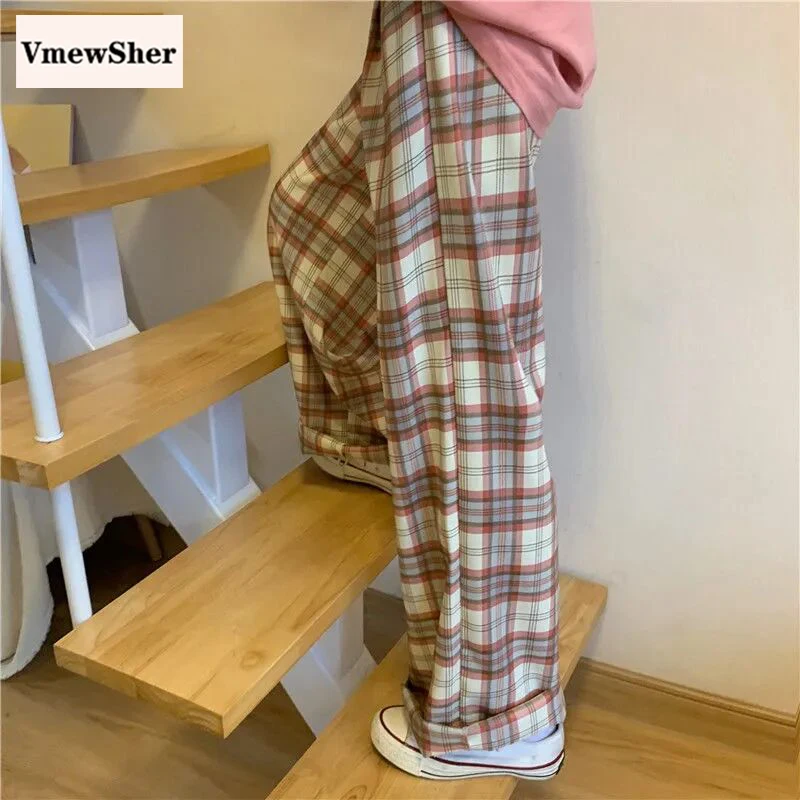 

Женские свободные клетчатые брюки VmewSher, повседневные длинные брюки оверсайз с эластичным поясом и широкими штанинами, уличная одежда на весну-лето