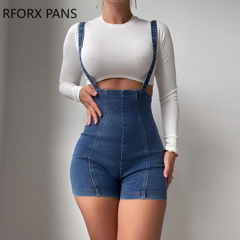 

Women Fashion Casual Solid Bright Line Decoration Denim Bodycon Rompers