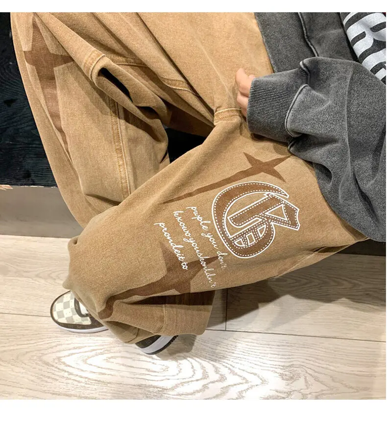 OEIN 2022 Vintage Men's Korean Denim Pants Y2K Cltohes Streetwear Printed Patchwork Male Baggy Jeans Straight Trousers For Men