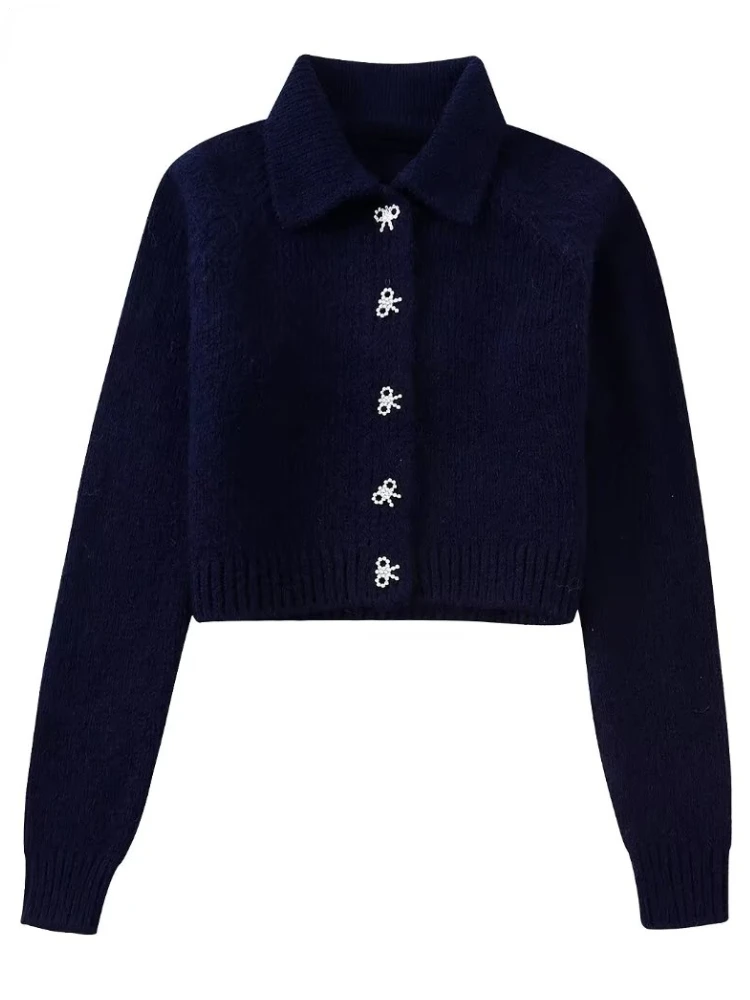 

Женский трикотажный свитер, Однотонный свитер с длинным рукавом, отложным воротником и пуговицами, украшенный стразами