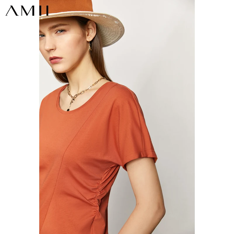 

Минималистская летняя новая женская футболка Amii, модные плиссированные прямые женские топы с круглым вырезом из 100% хлопка, повседневная же...