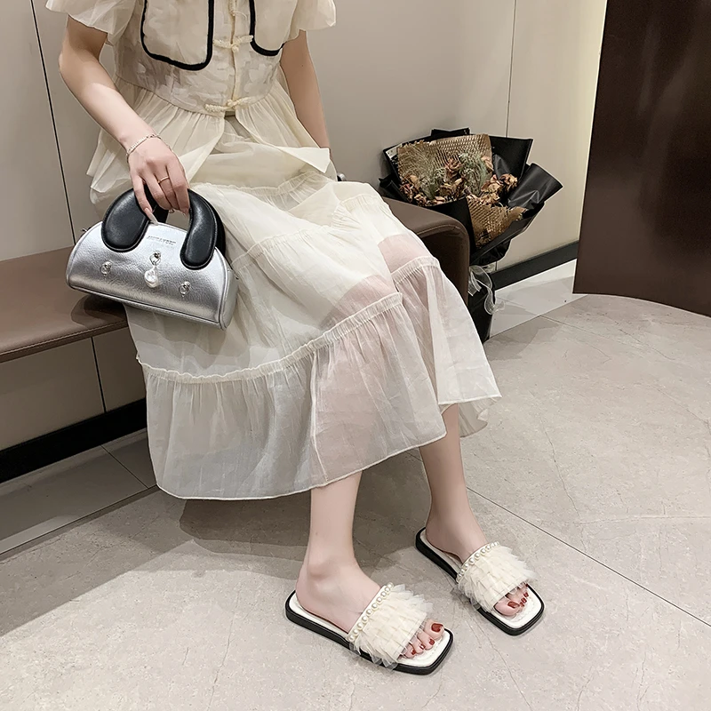 Женские летние шлепанцы сандалии с квадратным сетчатым жемчугом мягкая подошва