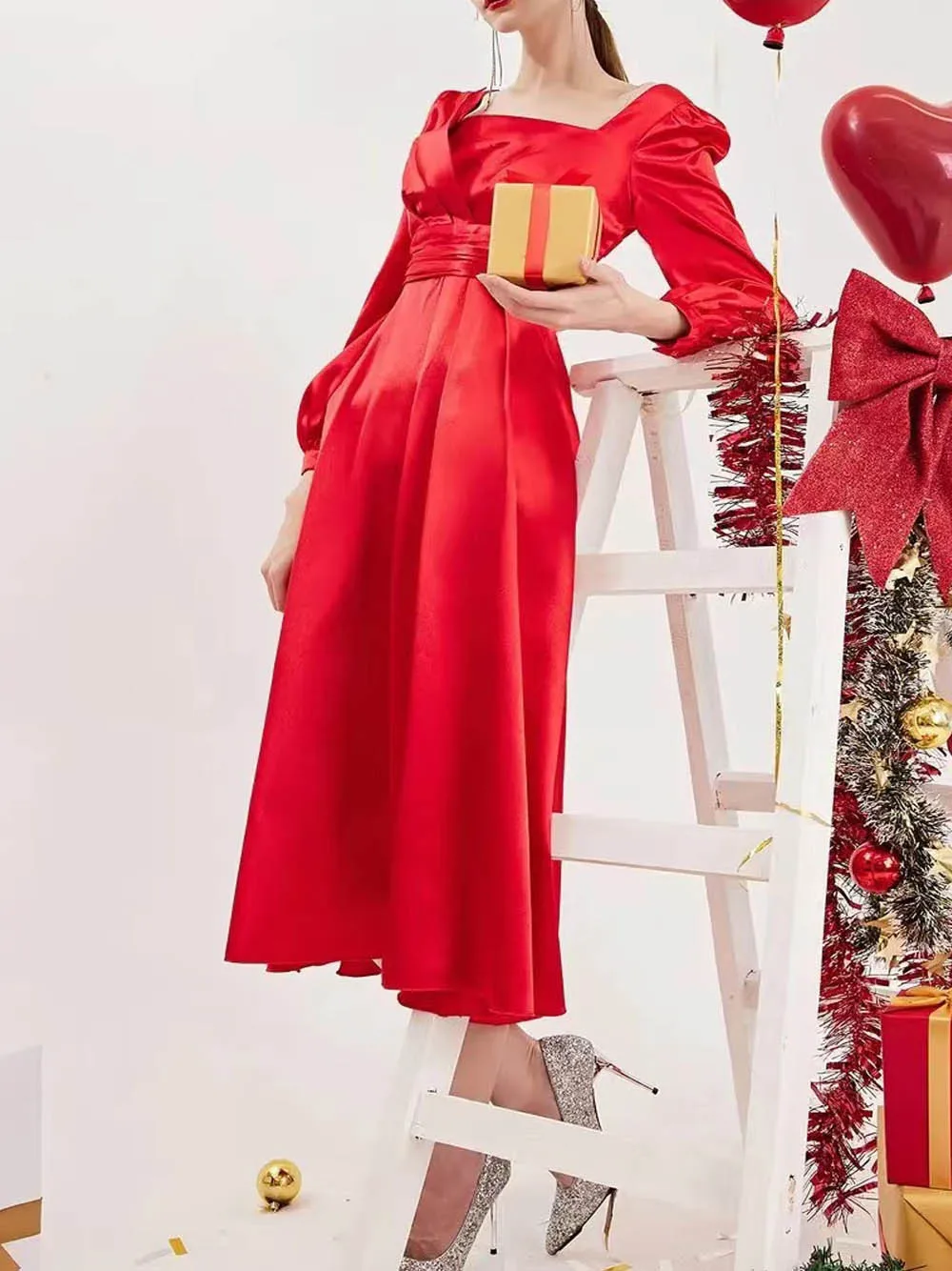 Elegan Women Prom Long Dresses 2023 New Red Long Sleeve Slim Pleated Fashion Dress Female Homecoming Party Formal Dresses