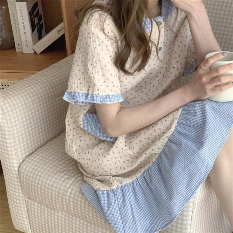 Nightgowns Women Summer Kawaii Printed Korean Style Sleepwear Casual Cozy Mid-calf Homewear Sweet Girlish Fashion Lovely Ruffles