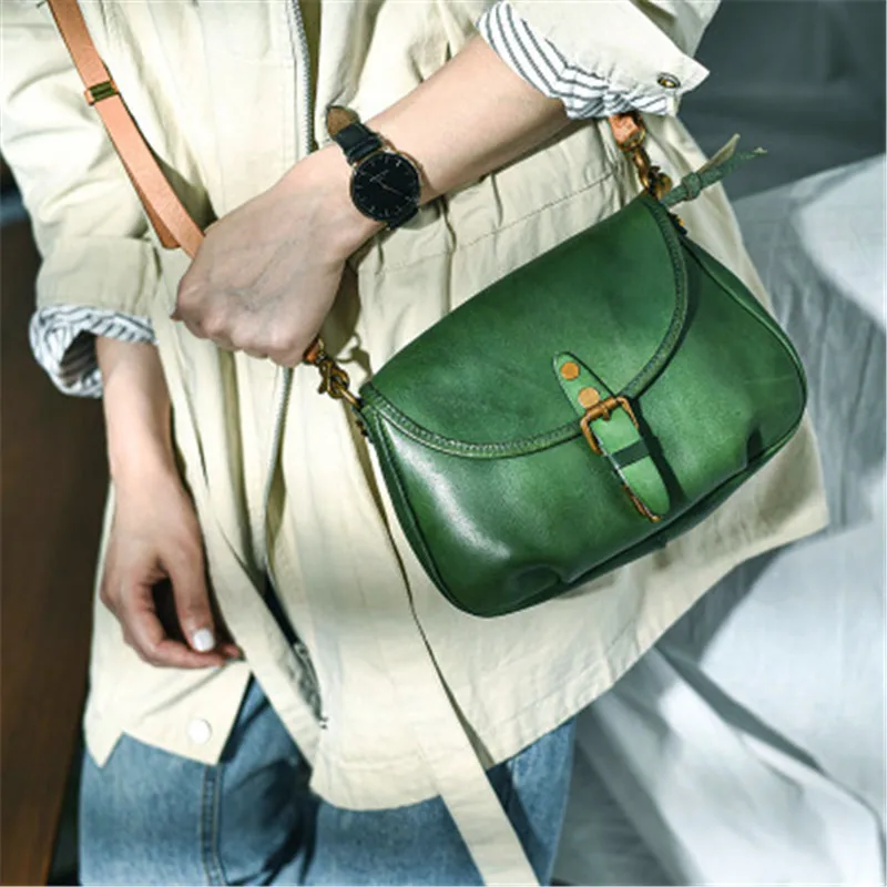 Vintage luxury female genuine leather green crossbody bag designer high quality first layer cowhide women's small shoulder bag