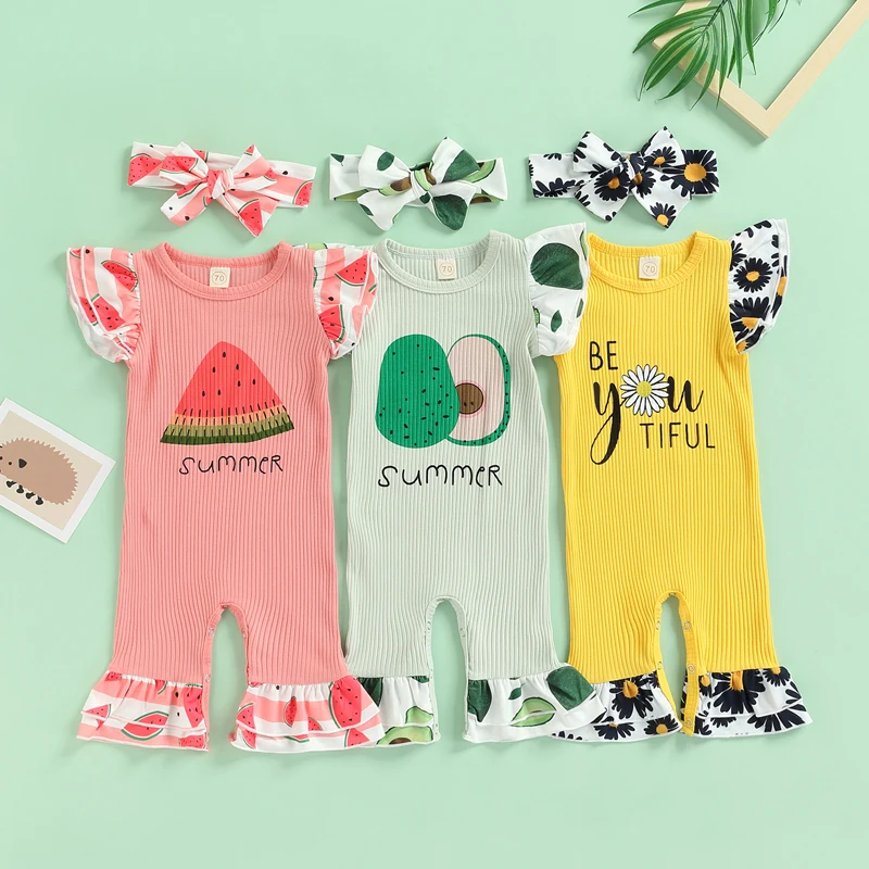 

Infant Baby Girl Summer Jumpsuit Fly Sleeves Avocado/Watermelon/Daisy Print Flare Pants Romper + Bow Headband Outfit