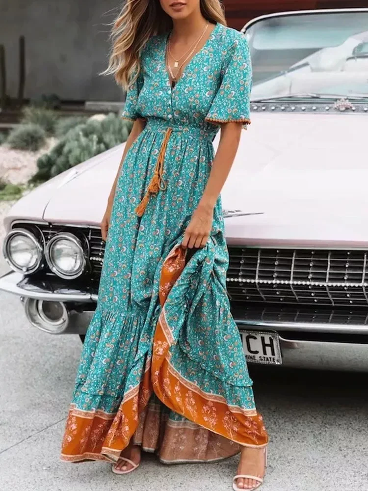 

New2022 Summer Maxi Boho Dress Women Tassel Bohemian Long Party Dress Ladies Viscose Floral Print Beach Dress For Women
