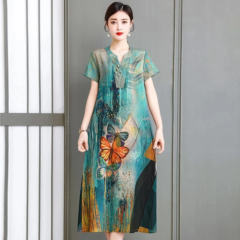 

Women Loose Summer Dress Floral Print Short Sleeve Ladies Casual Dresses V Neck Buttons Vintage Sundress for Female 2022
