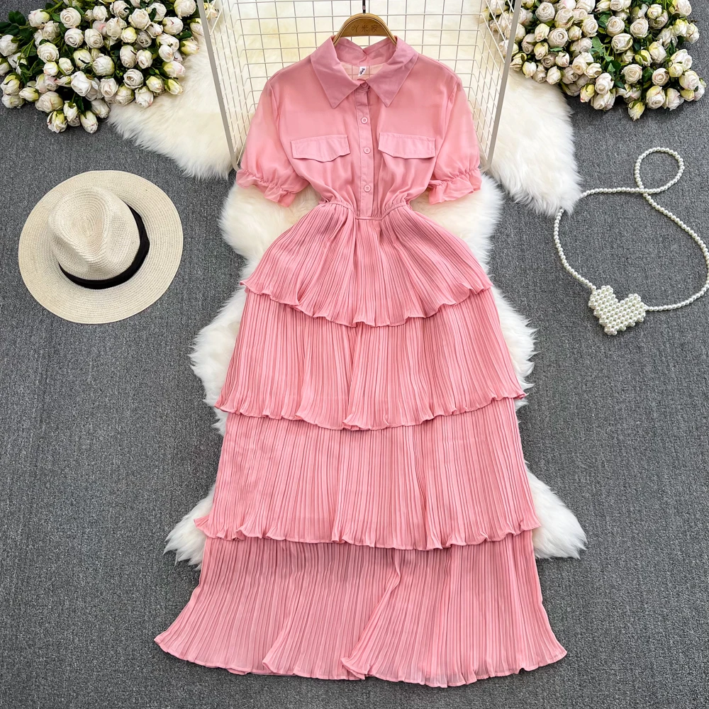

Party Sweet Solid Color Temperament Fashion Casual Y2K Vintage Korean Girl Festa Clothing Turn Down Collar Puff Sleeve Dresses