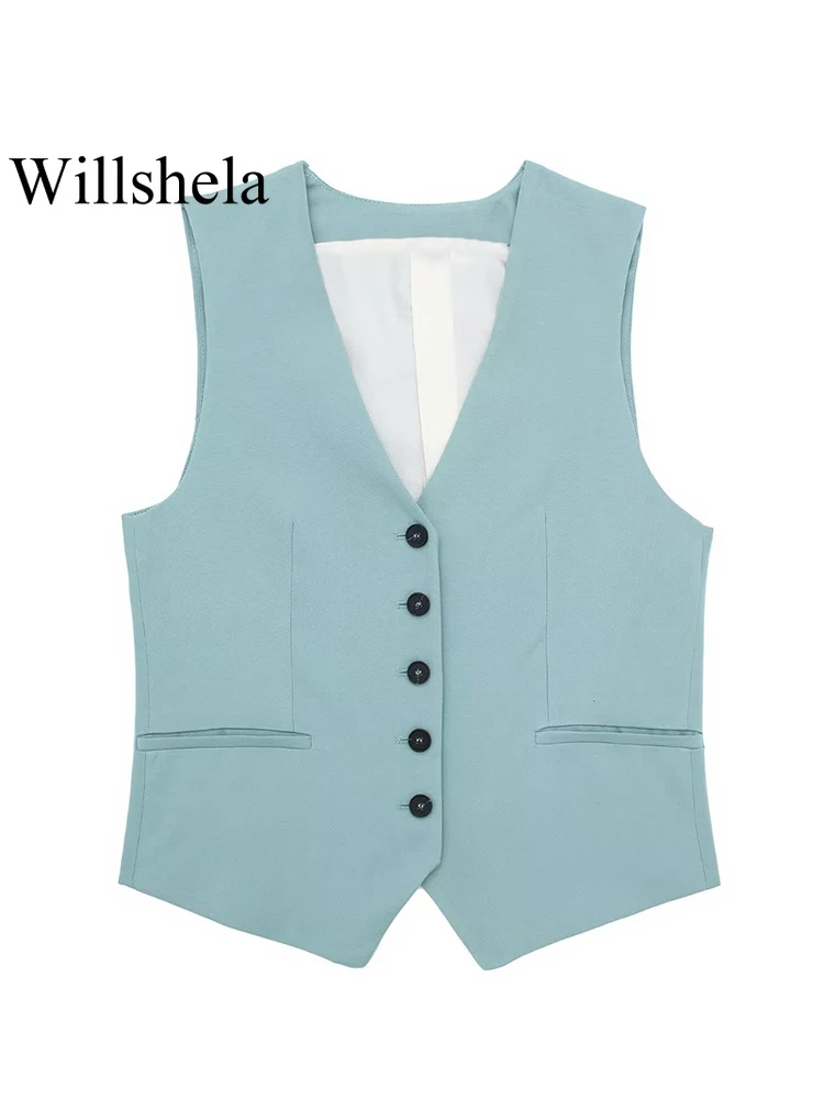 

Willshela Women Fashion Blue Single Breasted Vest Sleeveless Jackets Vintage V-Neck Waistcoat Female Chic Lady Tank Tops
