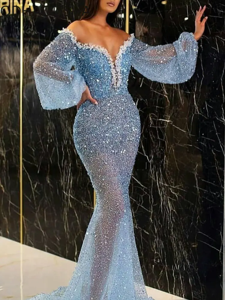 

Women Elegant Evening Dress Summer Chic V Neck Temperament Tube Top Slim Puff Sleeve High Waist Sky Blue Fishtail Dress Fashion