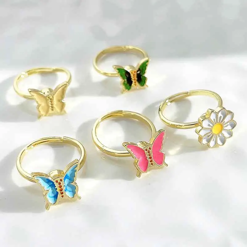 

Золотое кольцо на палец, вращающееся кольцо-Спиннер для женщин, регулируемое открытое антистрессовое кольцо с бабочкой, маргариткой, цветком, ювелирное изделие