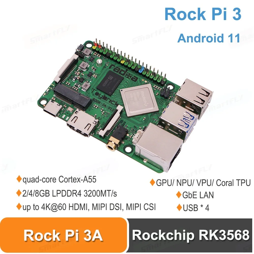 

ROCK PI 3A 2 ГБ/4 ГБ/8 ГБ SBC Rockchip RK3568 Одиночная плата компьютера Поддержка кораллового ТПУ Android11 AI глубокое обучение