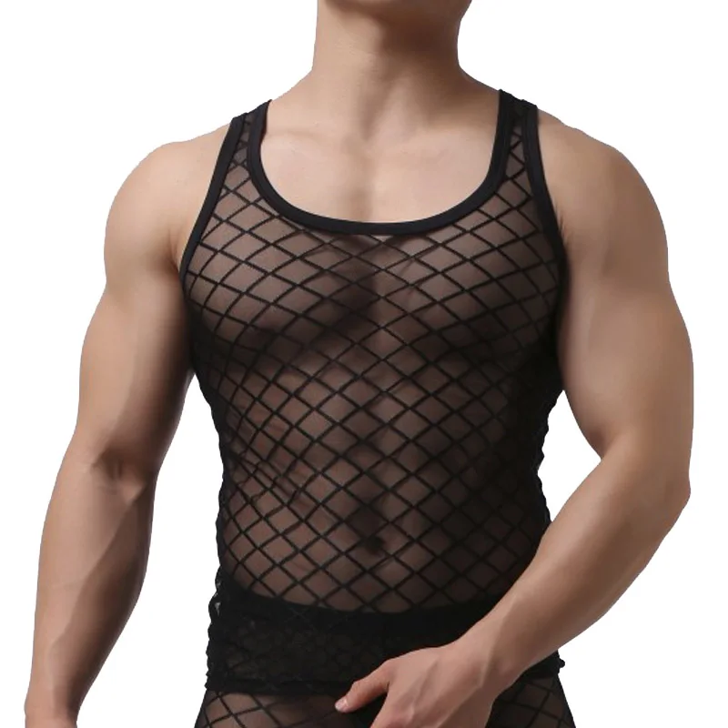 

Men Sexy Transparent Mesh Tank Tops Sheer See-through Fishnet Vest Male Gym Muscle Sleeveless Singlet Tanks Tops Tee Undershirt