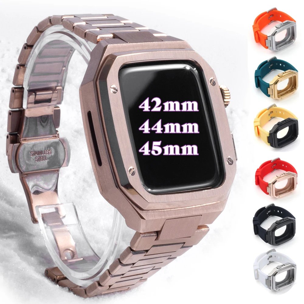 

Модифицированный мод для Apple Watch Band 42 мм 44 мм 45 мм, металлический чехол, стальной ободок, силиконовый ремешок для IWatch 8 7 Se 6 5 4, установка